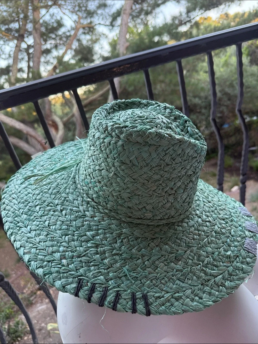NWT Green Hat Sun Straw 100% paper hand Stitching details OS rancher floppy